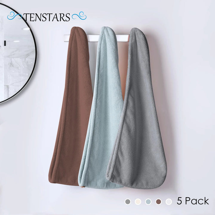 TENSTARS 5 Pack Thicken Microfiber Hair Towel Wrap for Women - Elastic Loop Design - 320GSM Coral Velvet - Quick Dry Hair Turban - 11x28 Inch (Cream+White+Brown+Light Teal+Grey, 5) Cream+white+brown+light Teal+grey