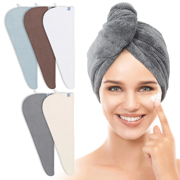 TENSTARS 5 Pack Thicken Microfiber Hair Towel Wrap for Women - Elastic Loop Design - 320GSM Coral Velvet - Quick Dry Hair Turban - 11x28 Inch (Cream+White+Brown+Light Teal+Grey, 5) Cream+white+brown+light Teal+grey