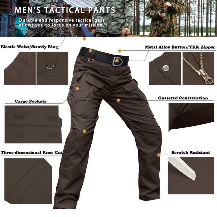 Men's Stretch Tactical Pants Water Resistant Ripstop Cargo Pants Outdoor Lightweight EDC Work Hiking Pants 30W x 32L Dark Brown